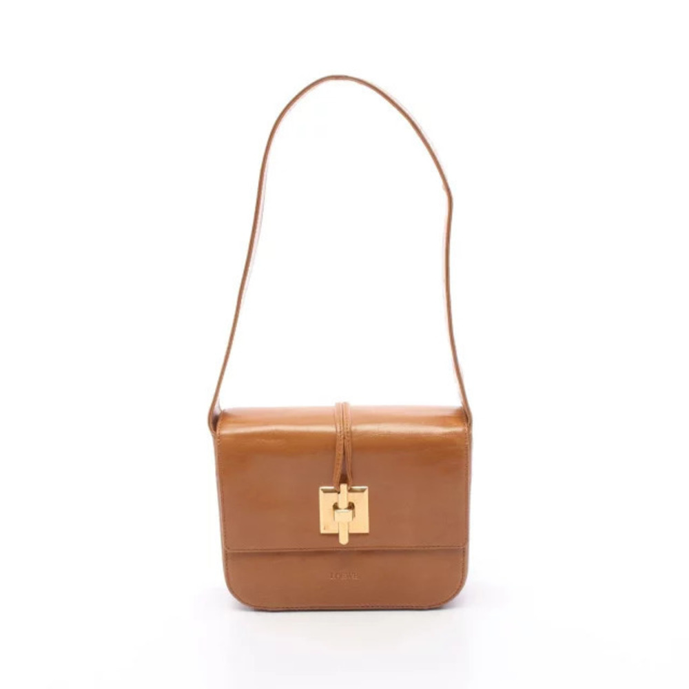 Loewe brown leather shoulder bag distinctive goldtone turnlock foldover